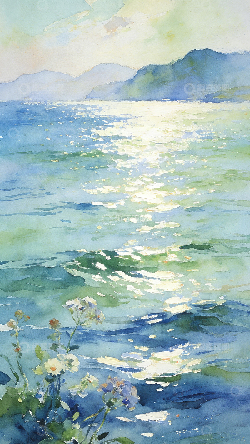 高清大图下载【趣麦麦图】水彩海景花卉风景画