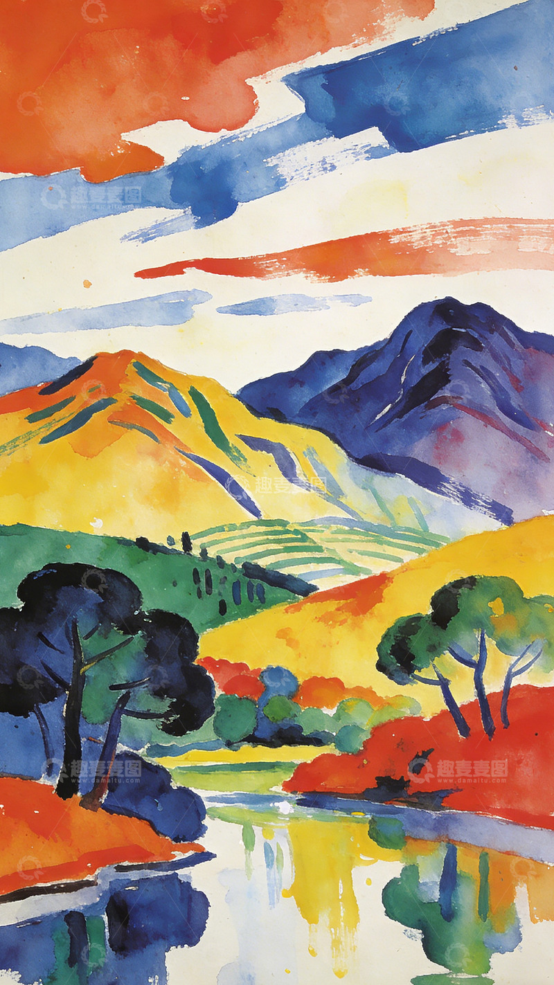 高清大图下载【趣麦麦图】色彩斑斓山水水彩画