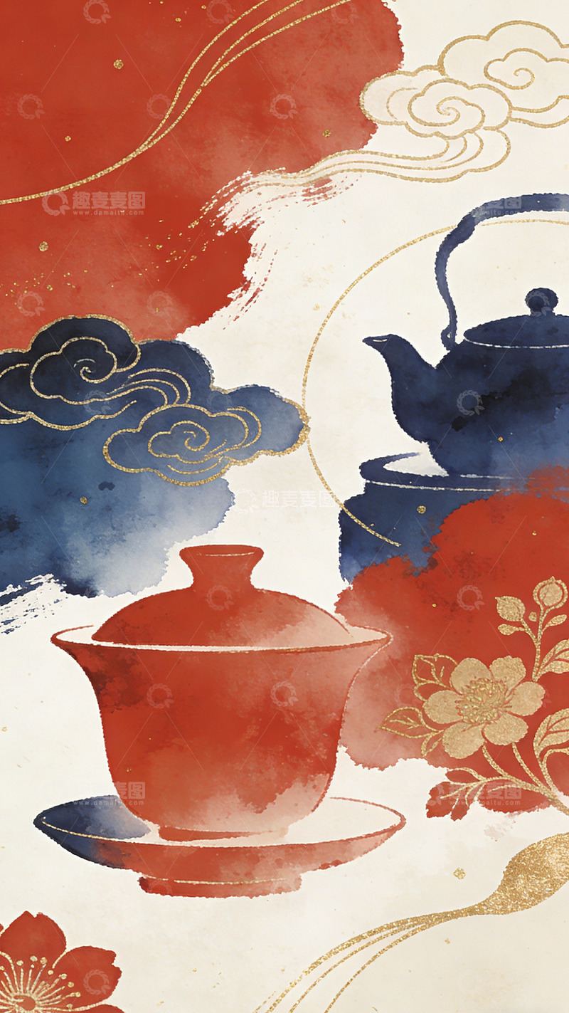 高清大图下载【趣麦麦图】水墨风茶具艺术插画