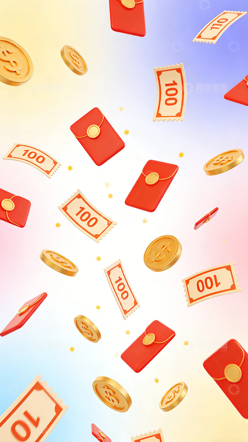 高清大图下载【趣麦麦图】飘落红包金币插画