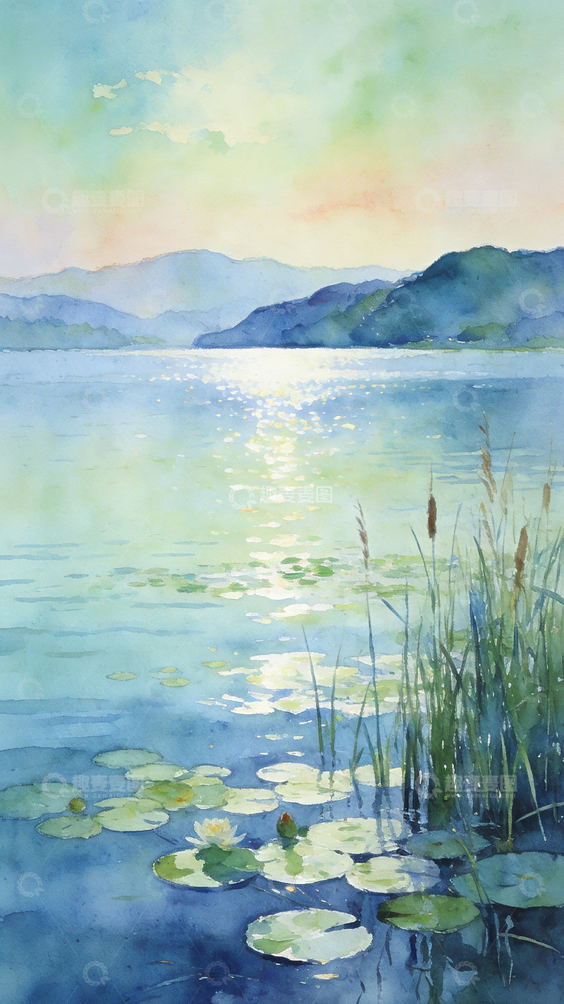 高清大图下载【趣麦麦图】水彩湖畔风光