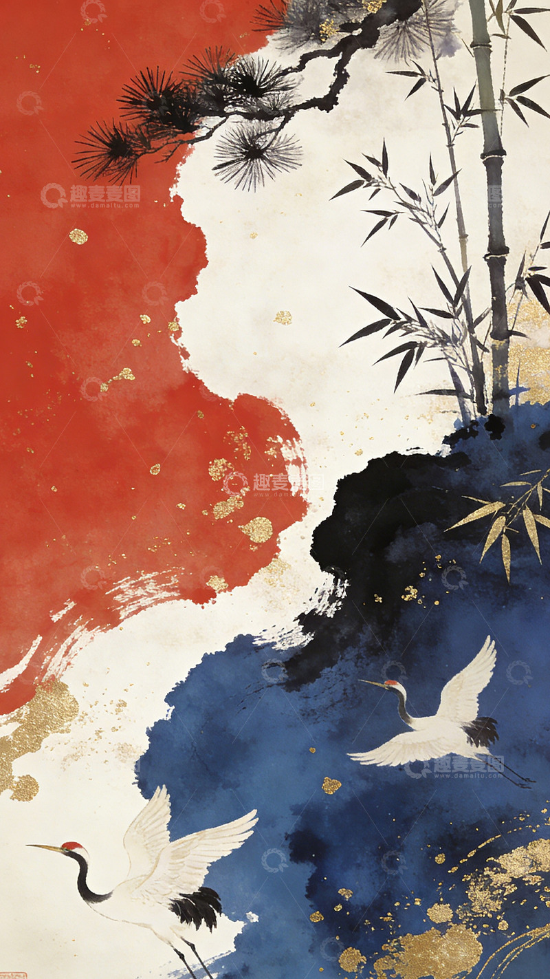 高清大图下载【趣麦麦图】东方禅意仙鹤竹叶水墨画