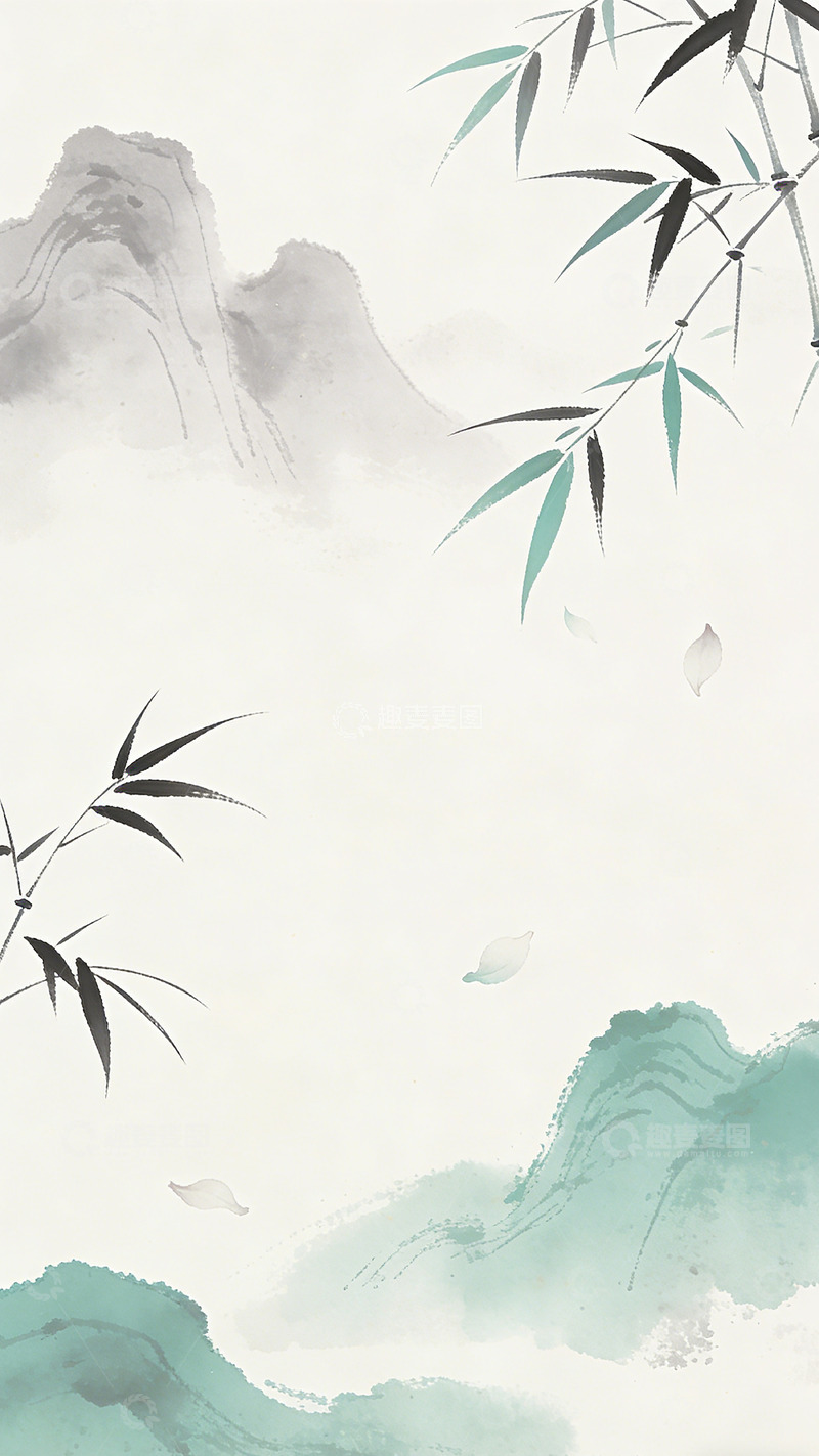 高清大图下载【趣麦麦图】水墨山水竹叶淡雅意境图