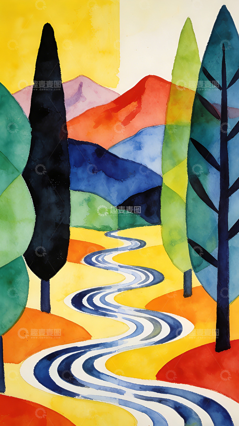 高清大图下载【趣麦麦图】色彩缤纷森林小路水彩画