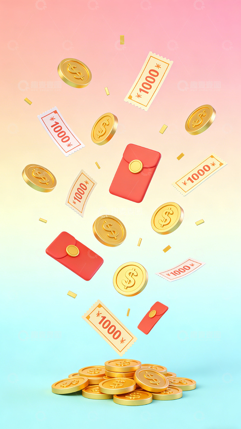 高清大图下载【趣麦麦图】金币红包飘落创意插画