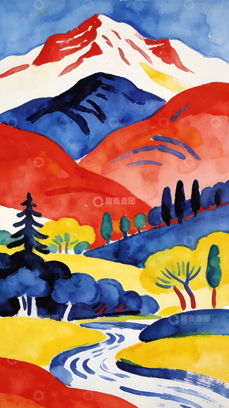 高清大图下载【趣麦麦图】色彩斑斓山水水彩画
