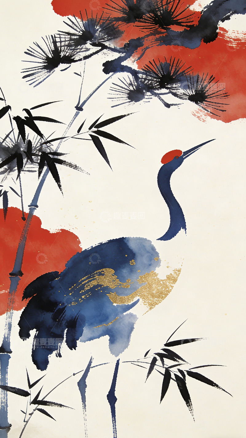 高清大图下载【趣麦麦图】东方水墨鹤竹图