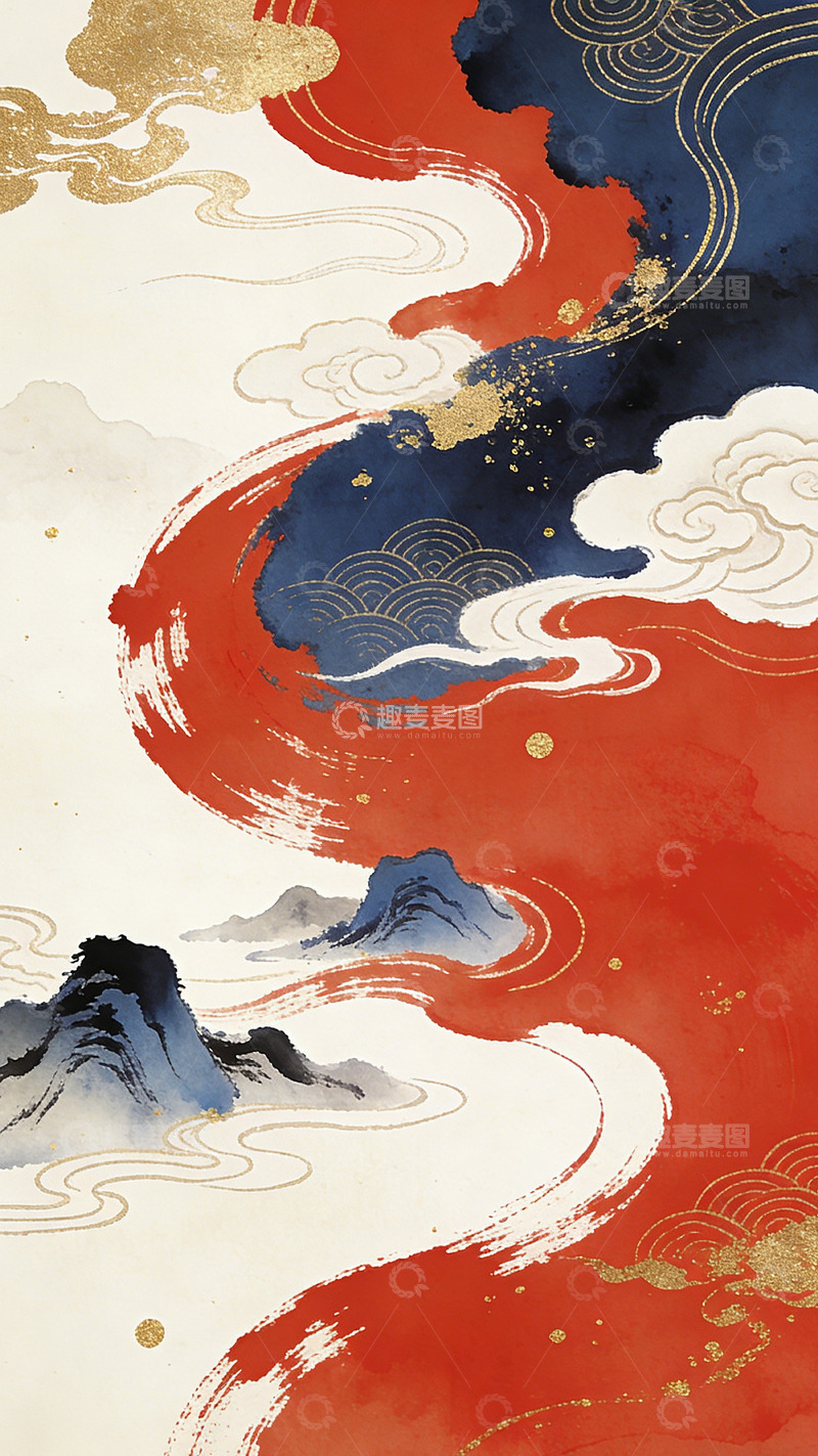 高清大图下载【趣麦麦图】东方意境山水云彩水墨画