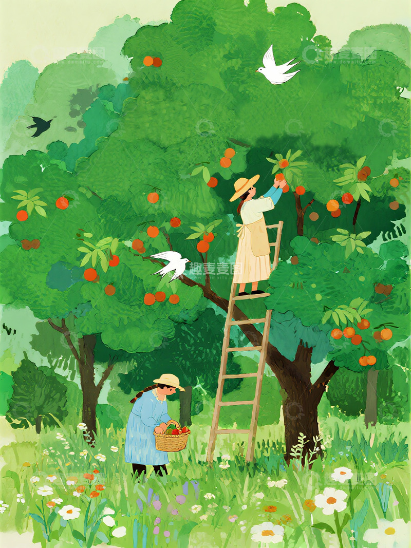 高清大图下载【趣麦麦图】绘本风格果园风景3