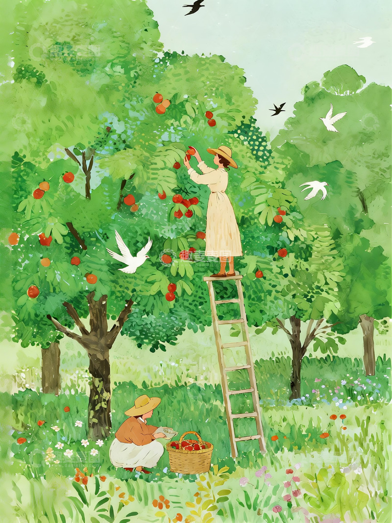 高清大图下载【趣麦麦图】绘本风格果园风景1