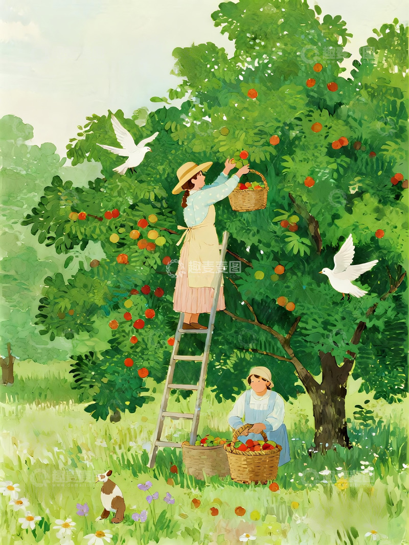 高清大图下载【趣麦麦图】绘本风格果园风景2