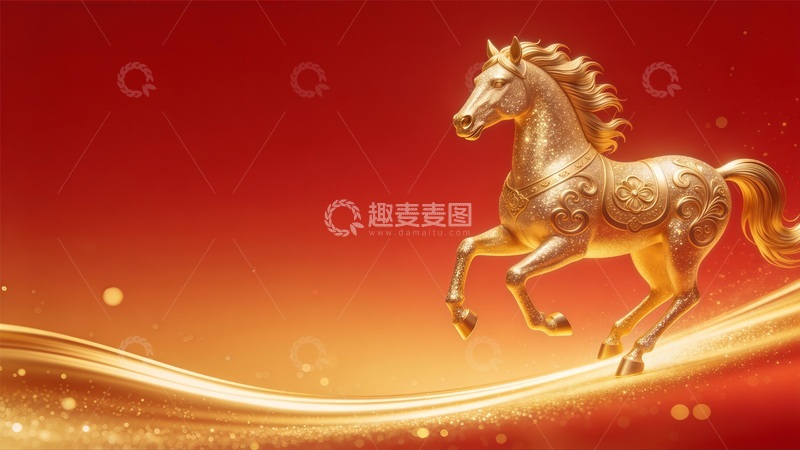 高清大图下载【趣麦麦图】金色骏马喜庆广告背景图