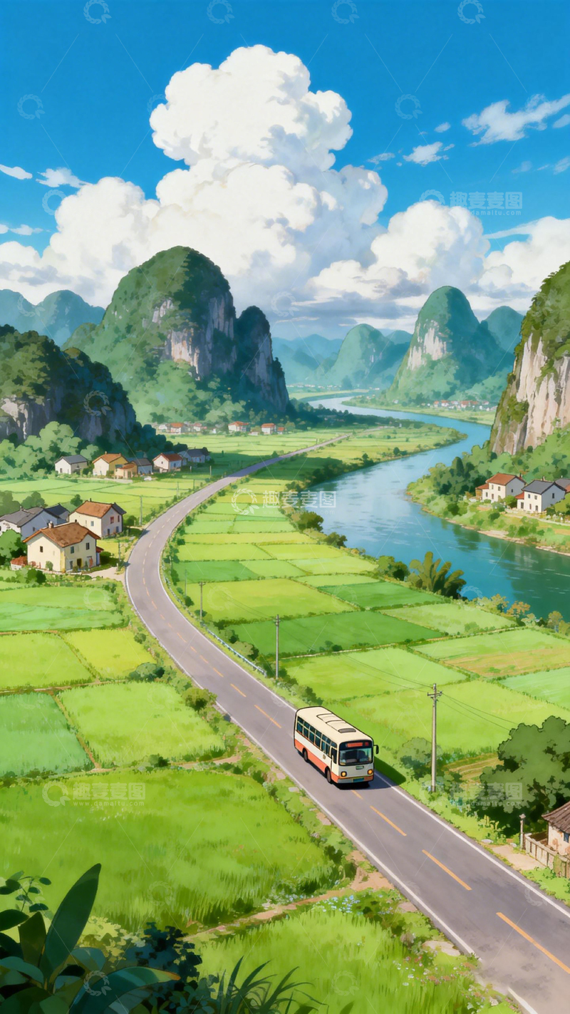 高清大图下载【趣麦麦图】田园风光公路客车风景插画