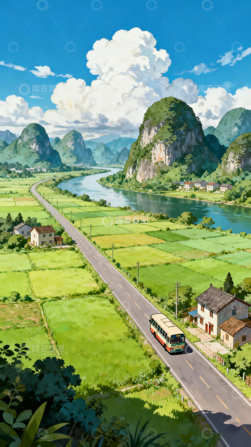 高清大图下载【趣麦麦图】田园风光公路风景插画