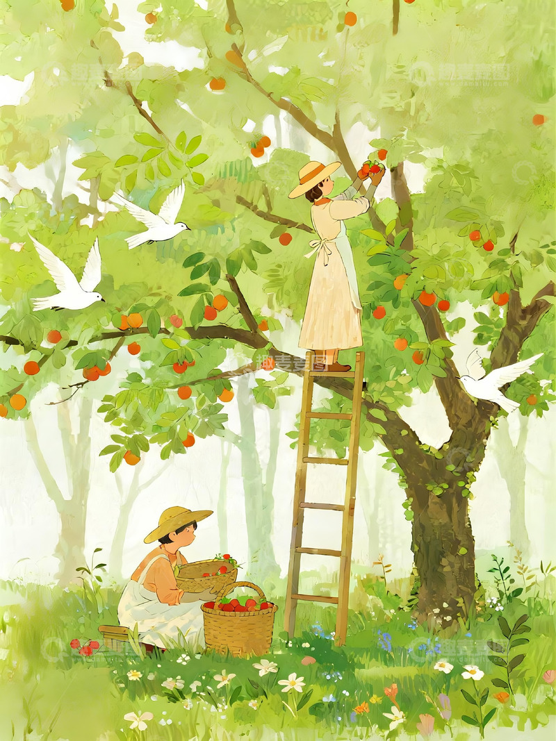 高清大图下载【趣麦麦图】绘本风格果园风景4