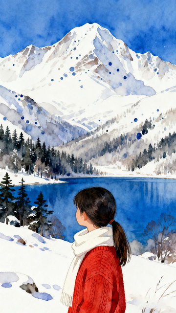 冬日湖畔女子水彩画