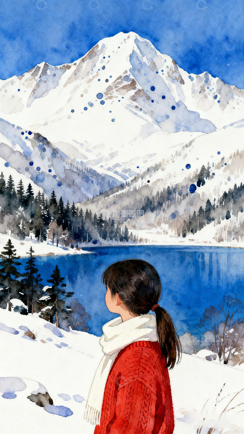 高清大图下载【趣麦麦图】冬日湖畔女子水彩画