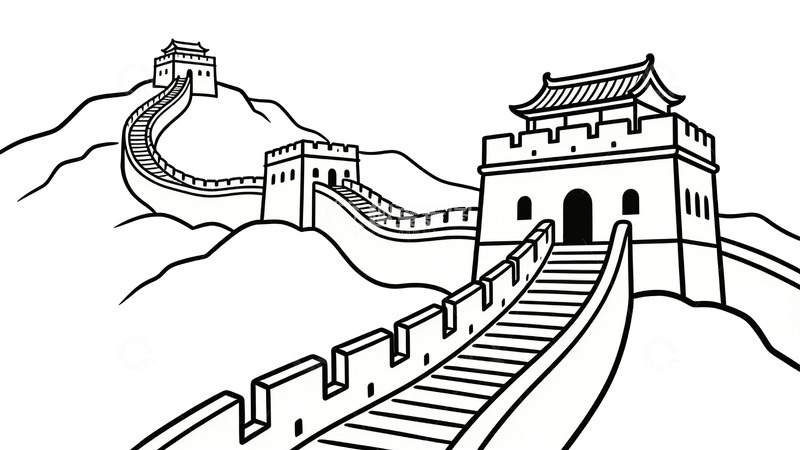 高清大图下载【趣麦麦图】黑白线条长城简笔画
