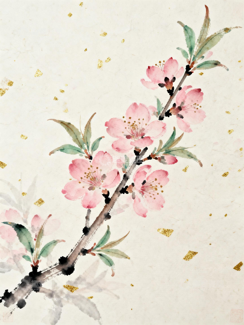 高清大图下载【趣麦麦图】中国风水墨水彩春日桃花宣纸背景6