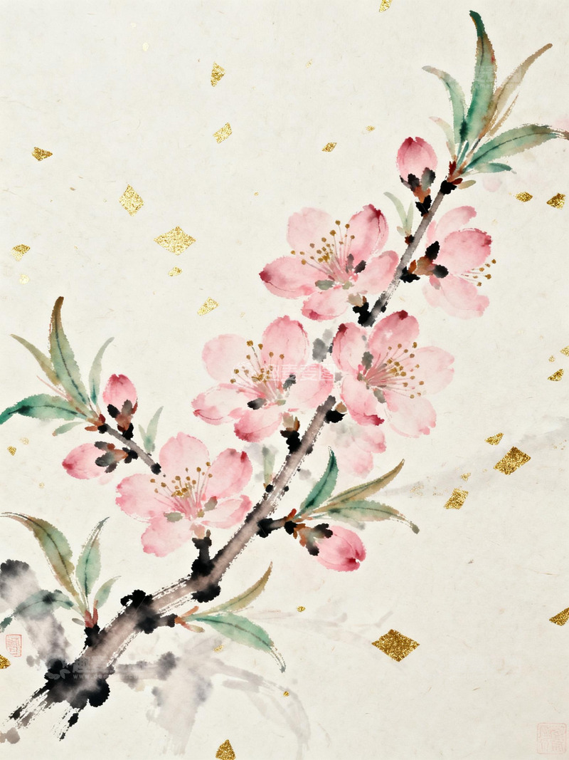 高清大图下载【趣麦麦图】中国风水墨水彩春日桃花宣纸背景2