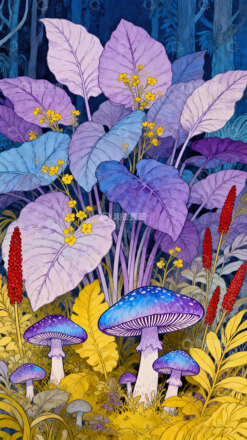 高清大图下载【趣麦麦图】梦幻森林插画植物与蘑菇