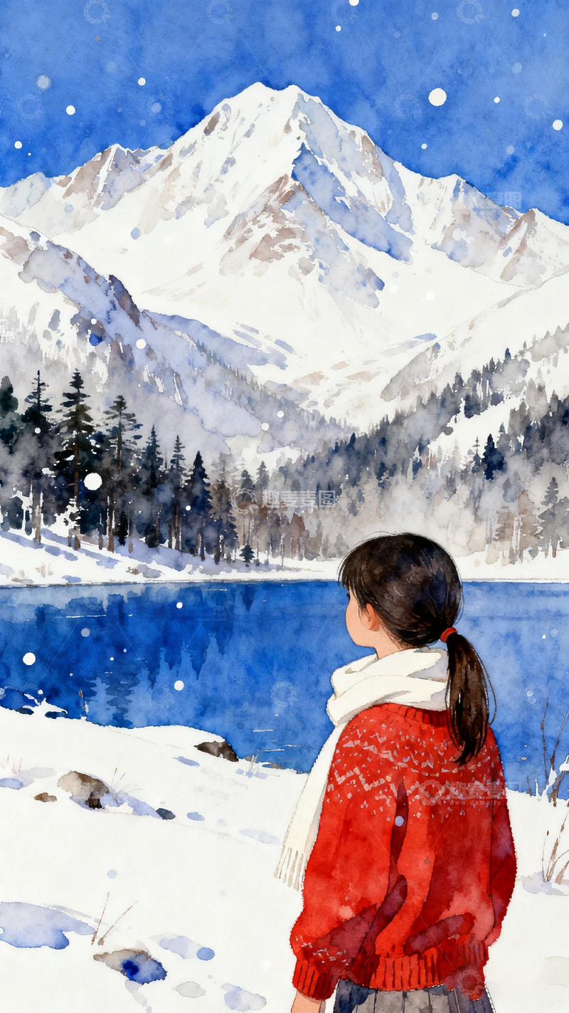 高清大图下载【趣麦麦图】冬日雪山湖畔水彩画