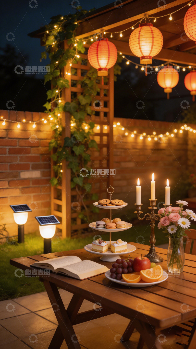 高清大图下载【趣麦麦图】温馨夜晚庭院布置下午茶场景