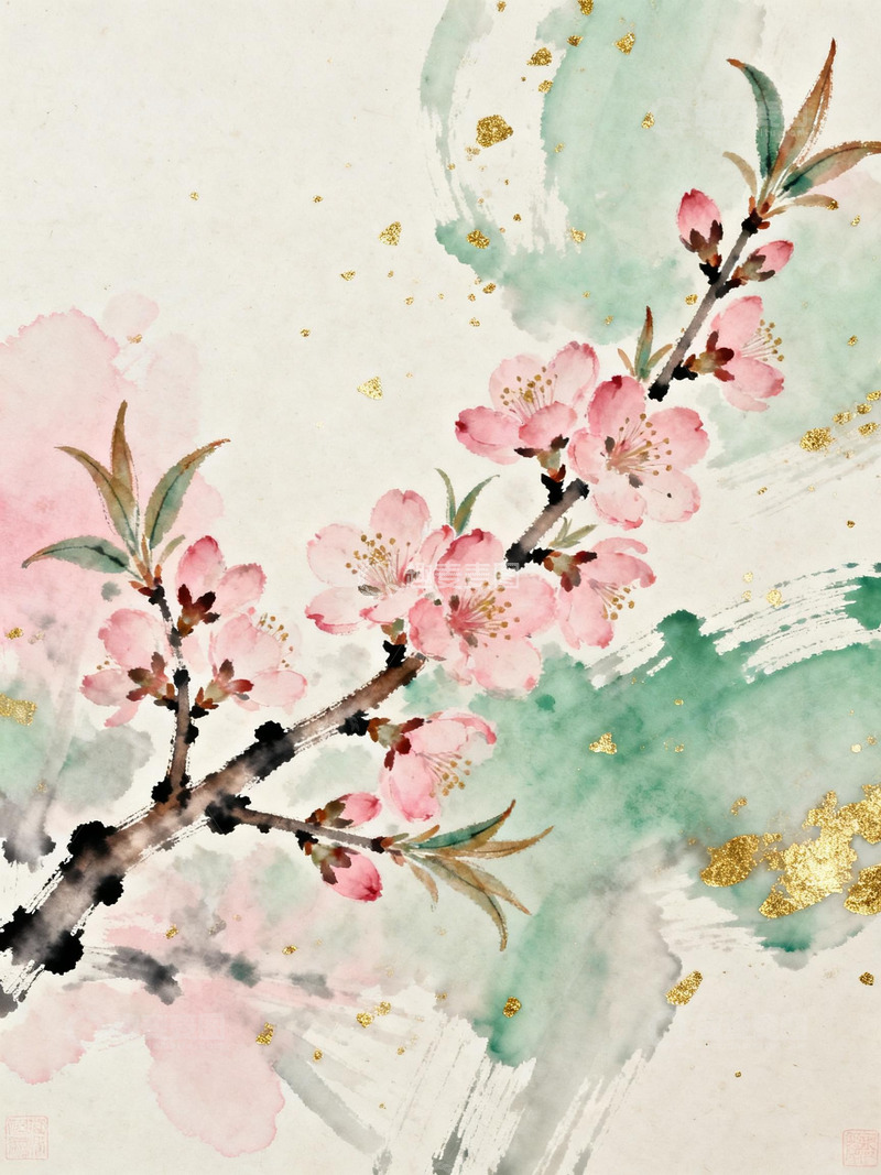 高清大图下载【趣麦麦图】中国风水墨水彩春日桃花宣纸背景1