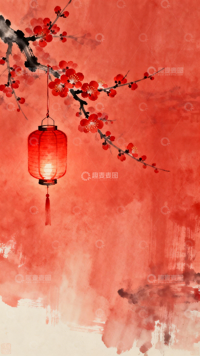 高清大图下载【趣麦麦图】水墨梅红灯笼喜庆
