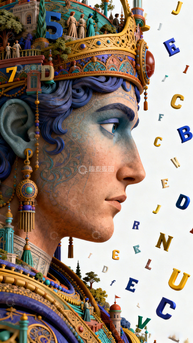 高清大图下载【趣麦麦图】奇幻雕塑与字母创意合成图