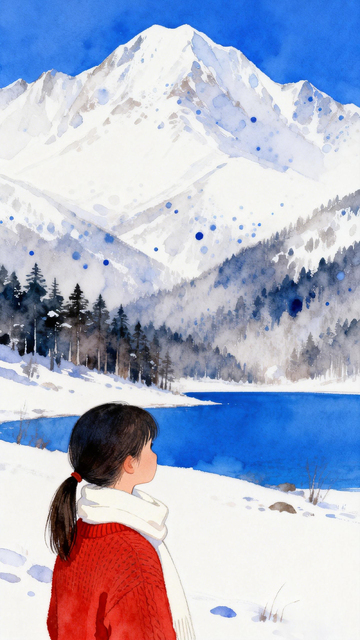 冬日湖畔少女水彩画