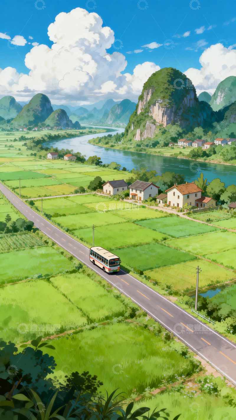 高清大图下载【趣麦麦图】乡村公路风景田园风光动画插画