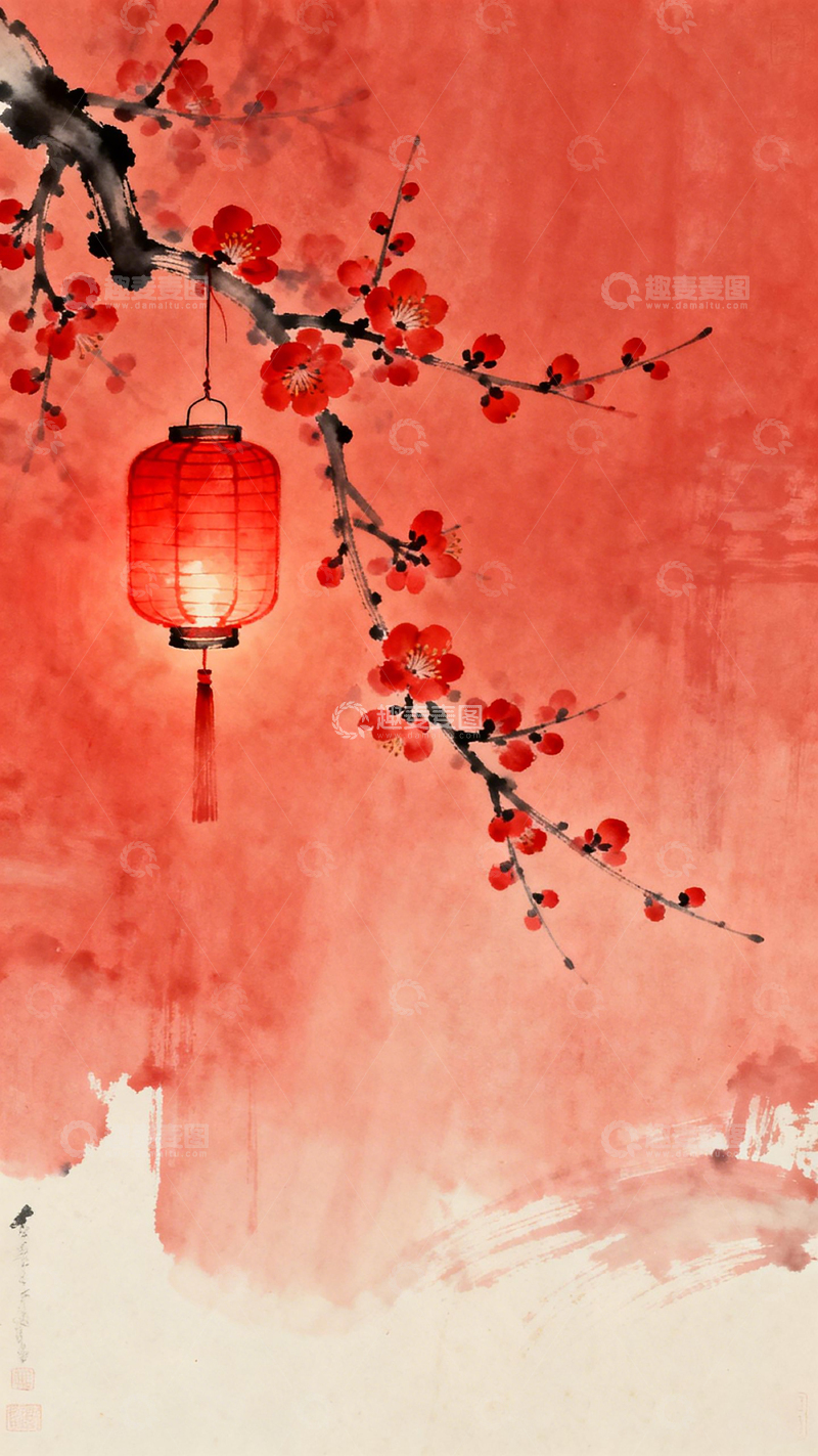 高清大图下载【趣麦麦图】水墨梅花红灯笼国画