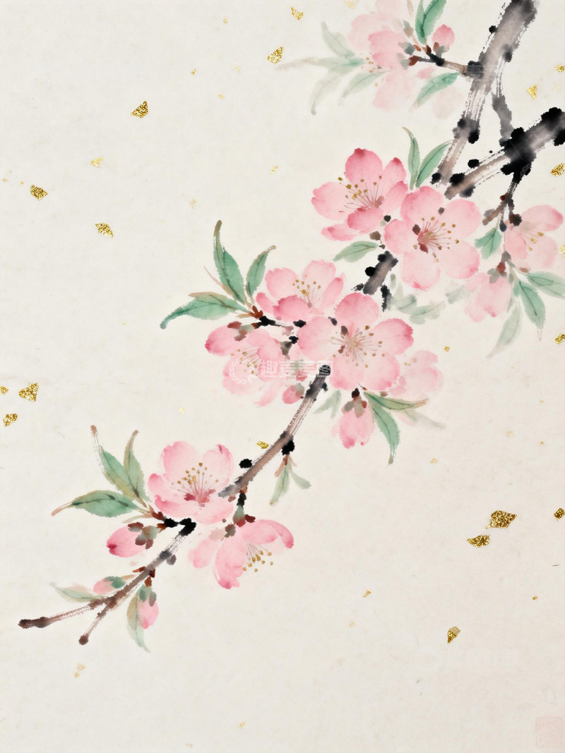 高清大图下载【趣麦麦图】中国风水墨水彩春日桃花宣纸背景7