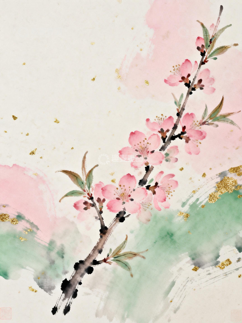 高清大图下载【趣麦麦图】中国风水墨水彩春日桃花宣纸背景5
