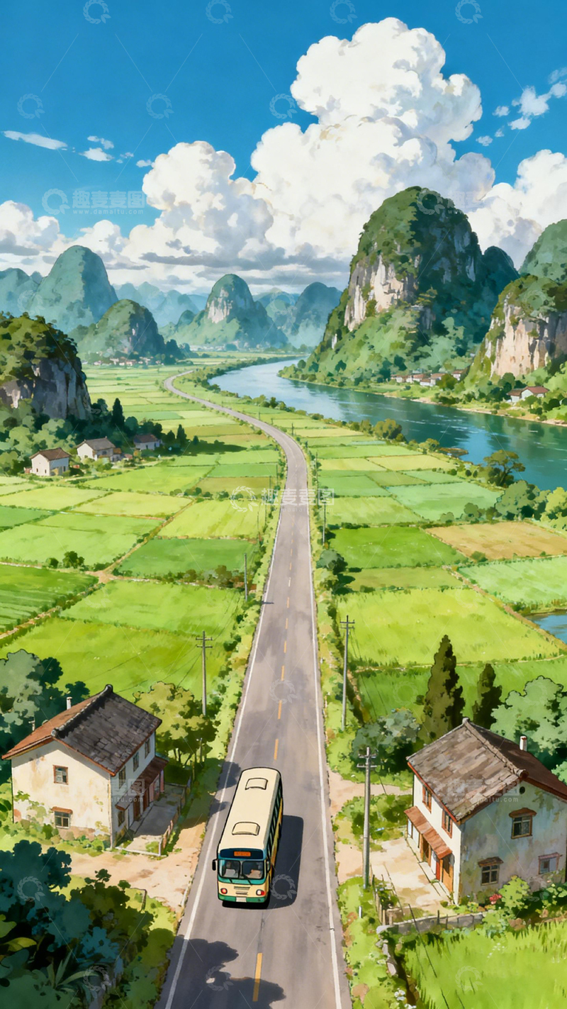 高清大图下载【趣麦麦图】田园风光公路巴士风景动漫插画