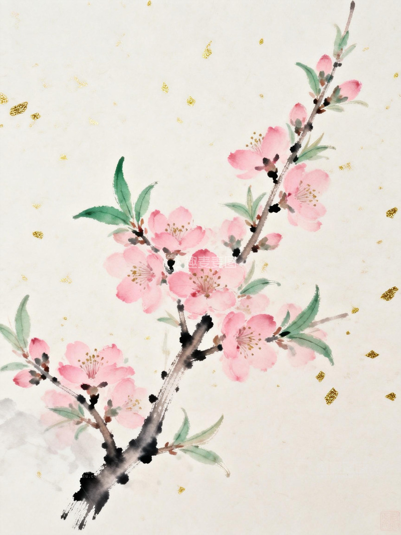高清大图下载【趣麦麦图】中国风水墨水彩春日桃花宣纸背景4