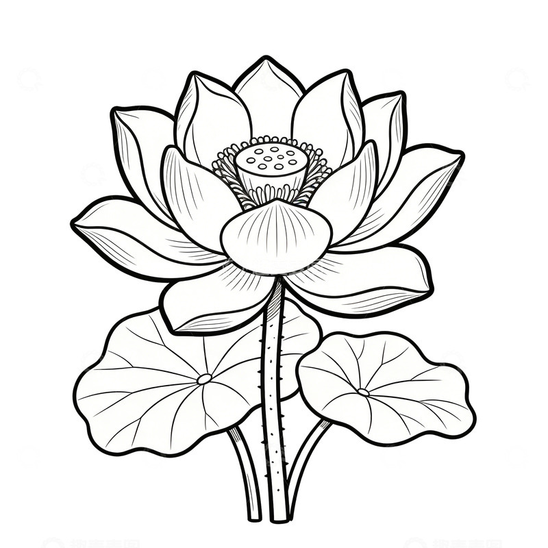 高清大图下载【趣麦麦图】线条风格荷花图案简笔画