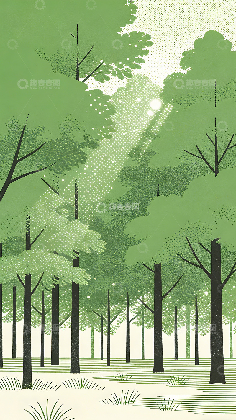 高清大图下载【趣麦麦图】绿色森林插画风格设计素材