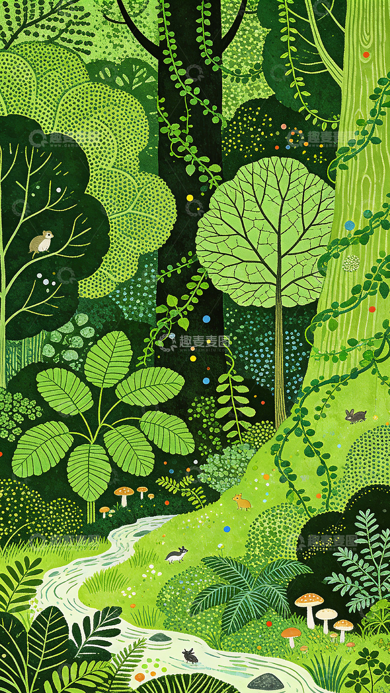 高清大图下载【趣麦麦图】森林风景彩绘插画