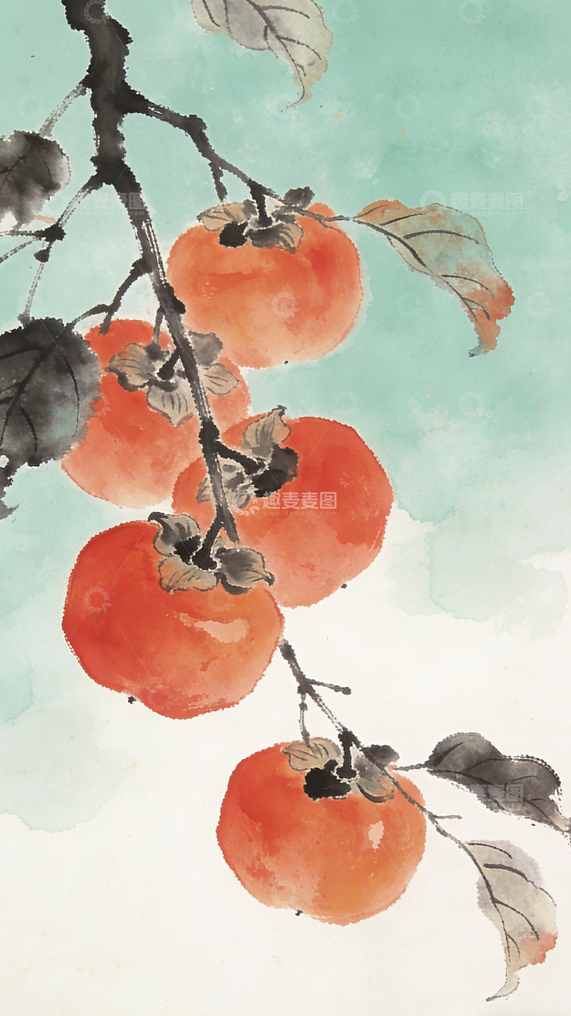 高清大图下载【趣麦麦图】水墨柿子国画风格装饰画