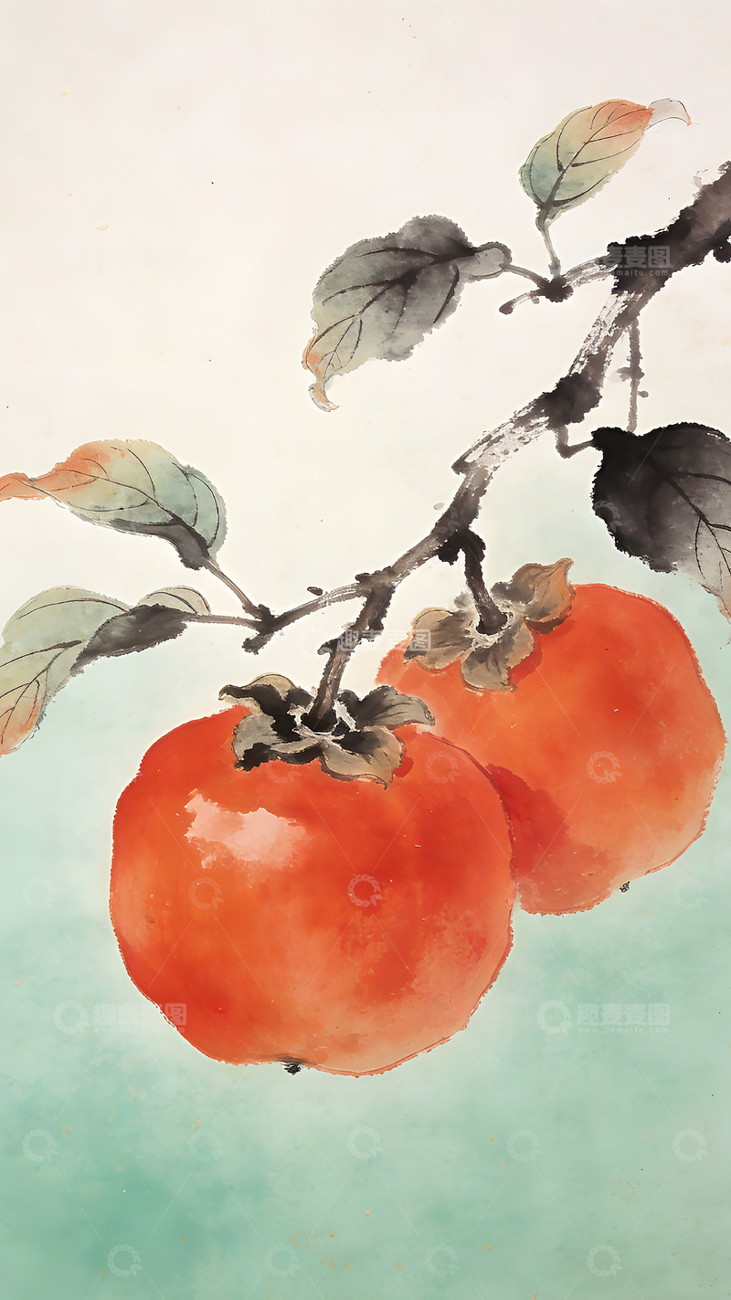 高清大图下载【趣麦麦图】中国传统水墨柿子图