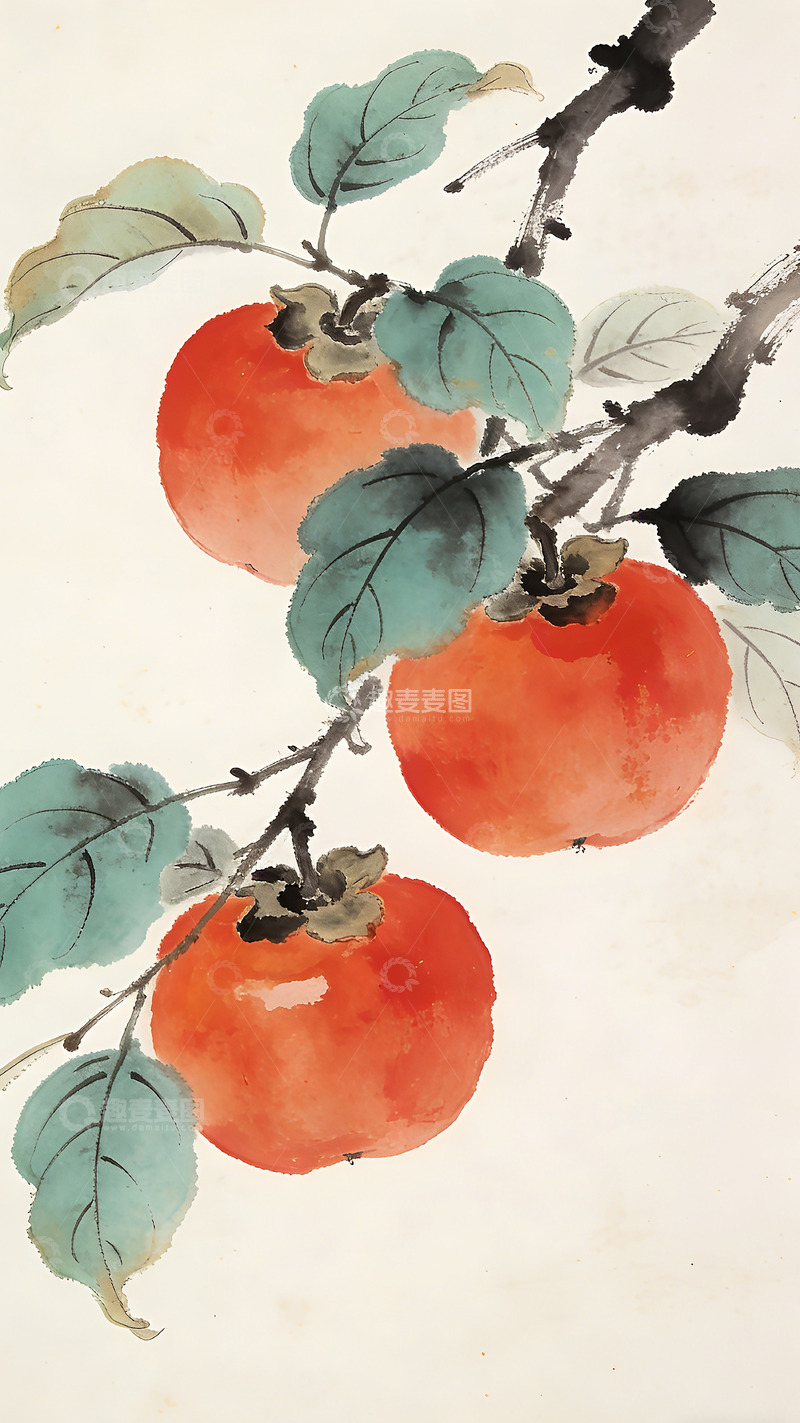 高清大图下载【趣麦麦图】水墨画柿子树枝叶绘画作品