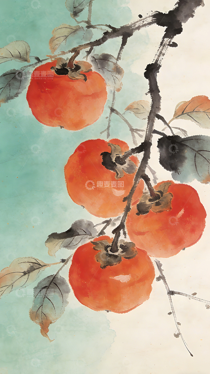 高清大图下载【趣麦麦图】水墨画柿子树枝叶装饰画