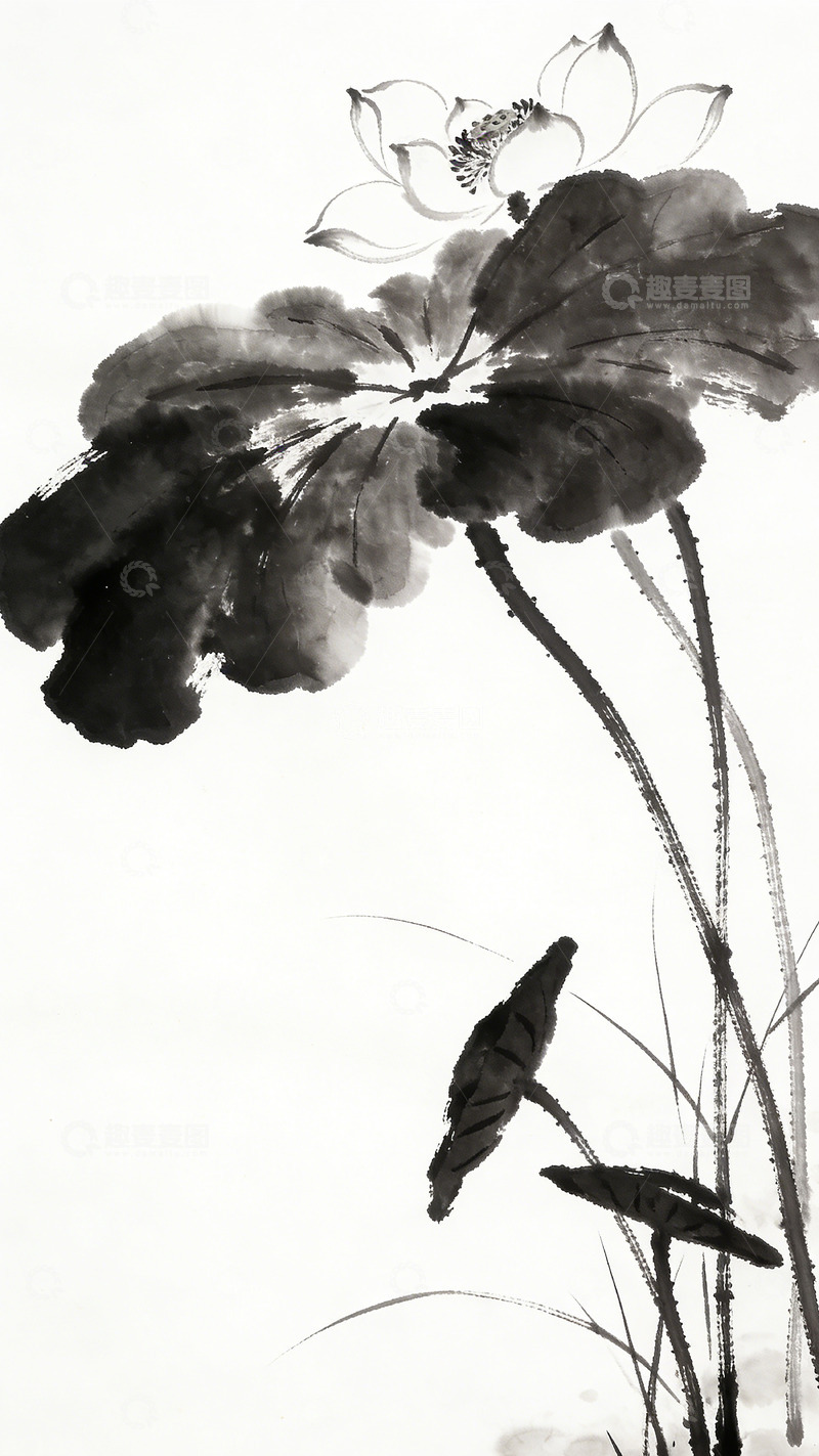 高清大图下载【趣麦麦图】水墨荷花国画花鸟画素材