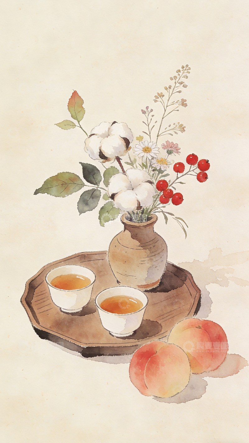 高清大图下载【趣麦麦图】古风水彩静物茶果插画