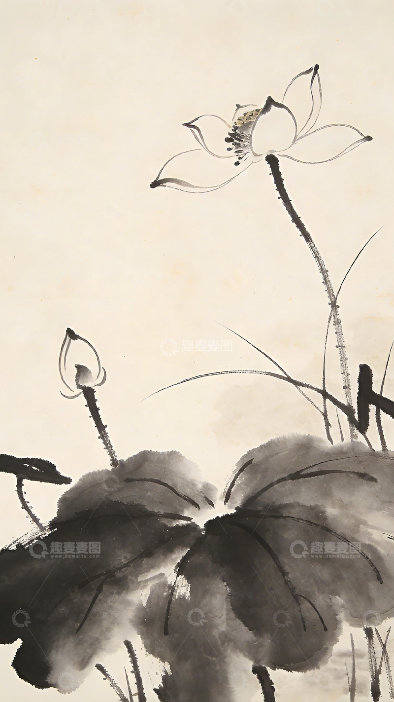 高清大图下载【趣麦麦图】水墨荷花中国画写意绘画素材
