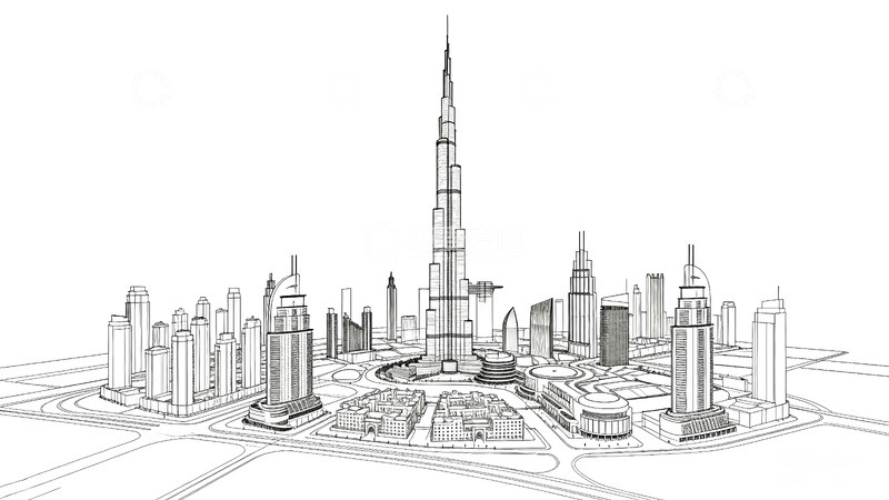高清大图下载【趣麦麦图】线条画世界名建筑-哈里法塔