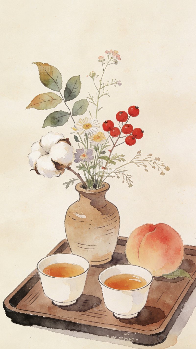 高清大图下载【趣麦麦图】水彩田园风茶具与水果插画