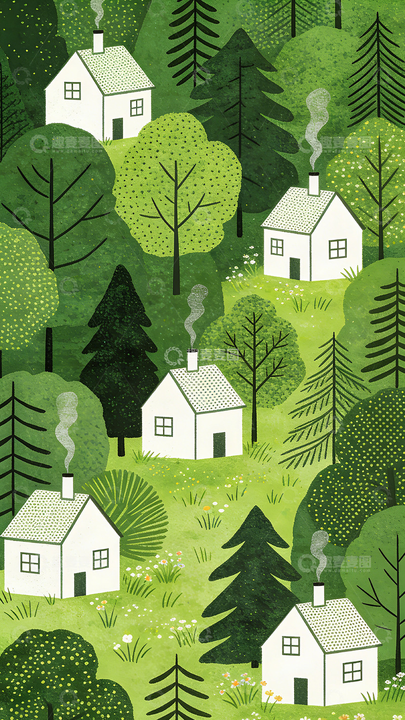 高清大图下载【趣麦麦图】森林小屋插画素材